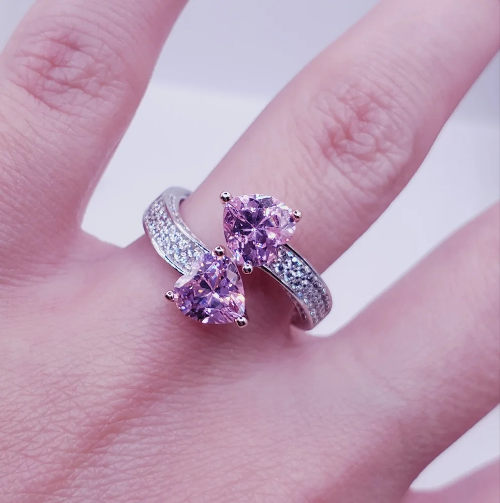 Pink Double Heart Silver Ring